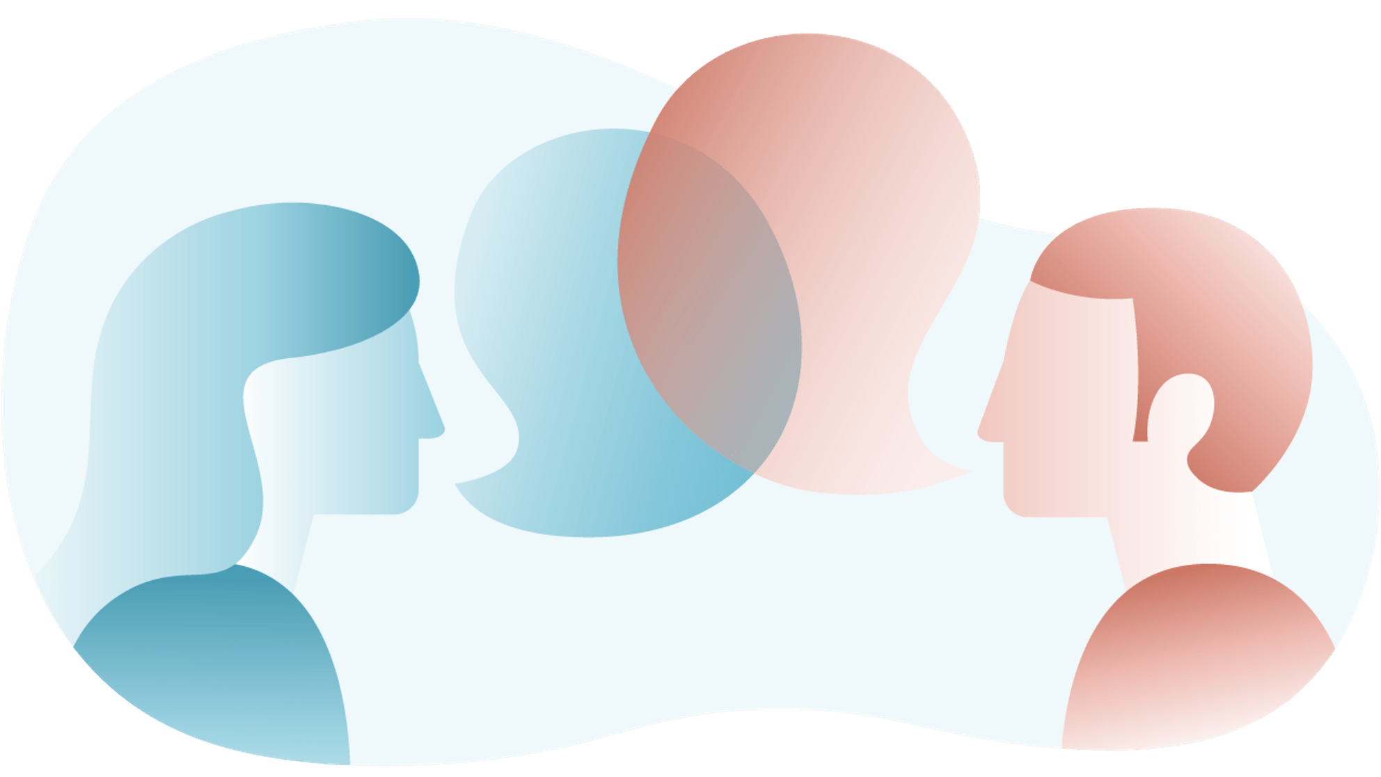 An illustration of two individuals engaging in a conversation. They each have a speech bubble that are overlapping to represent their conversation.
