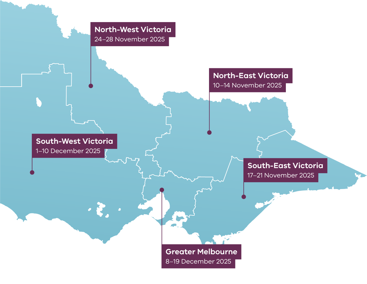 An image of the Victoria map. There are pin drops in each region and with dates of the year.