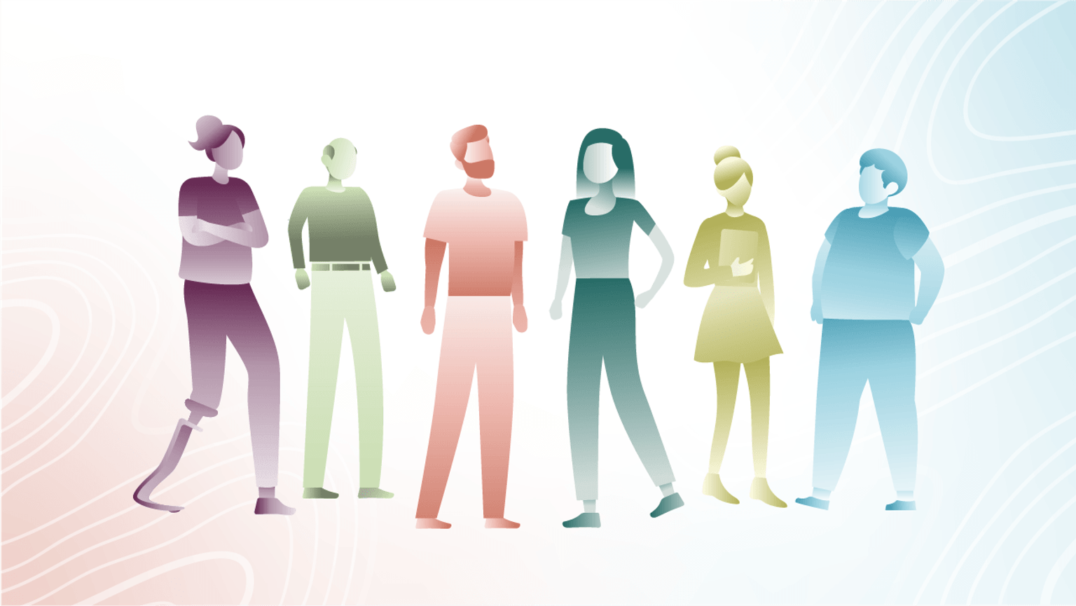 An illustration of a group of six people gathered together. The background is a faded red and blue colour with wavy lines.