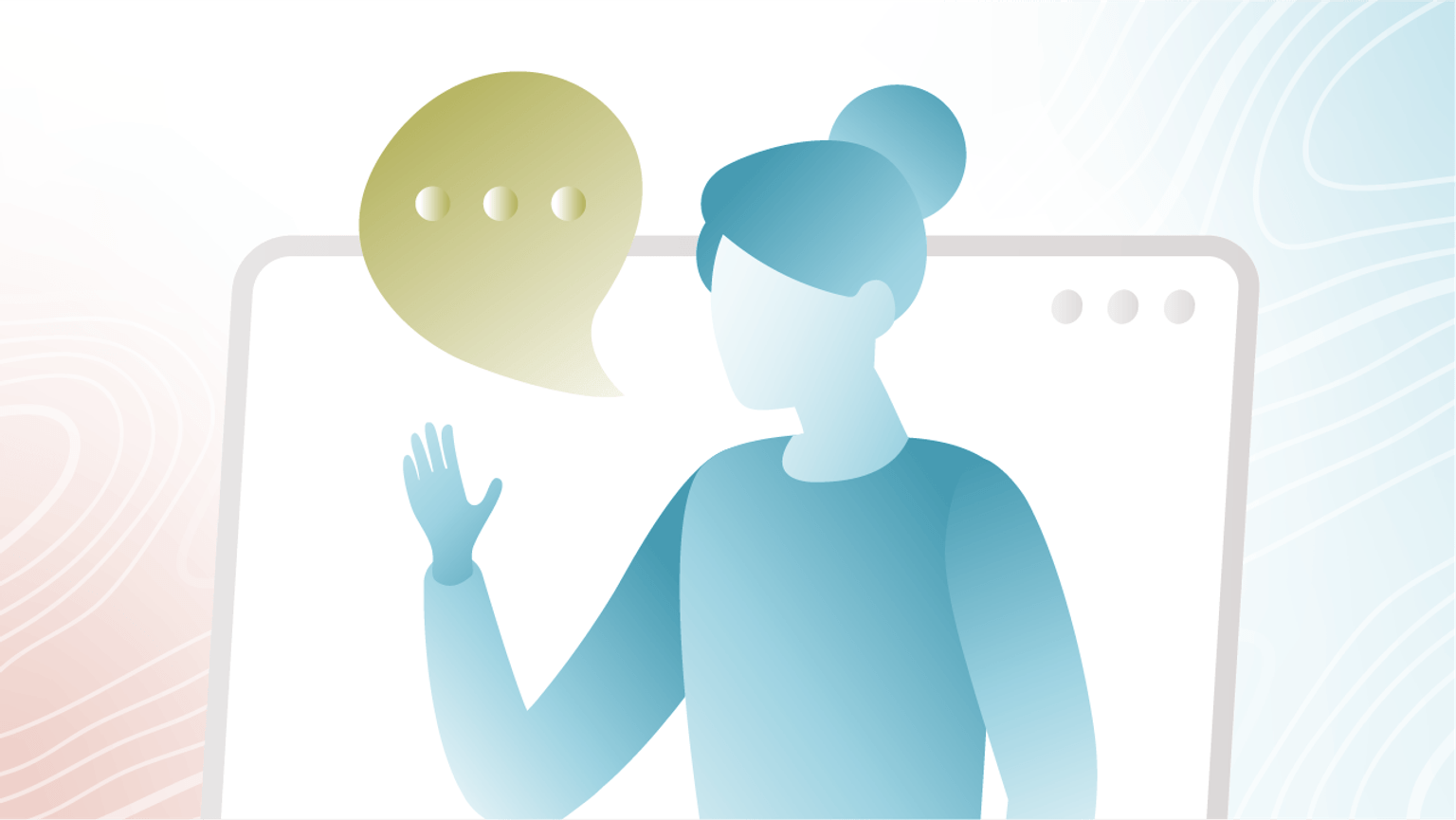 An illustration of a person raising their right hand with a speech bubble. Behind them is a computer screen.